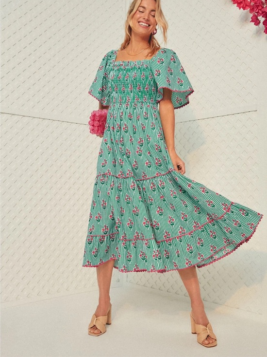 Pink City Prints Dresses & Skirts - EUC Pink City Prints Green Pink Smocked Midi Dress L